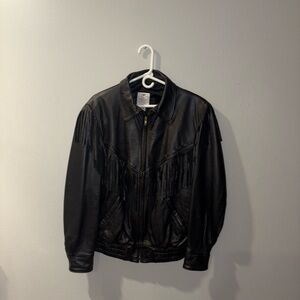 Men's Black Leather Fringe Bomber Jacket